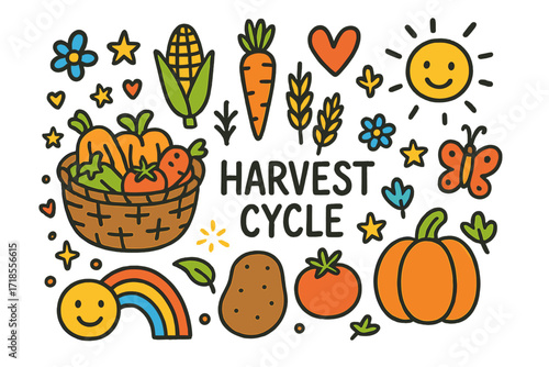 Children's Harvest Doodle. Colorful Hand-drawn doodle Children illustration Harvest Cycle [basket of vegetables, corn, carrot, wheat, potato, tomato, pumpkin,
