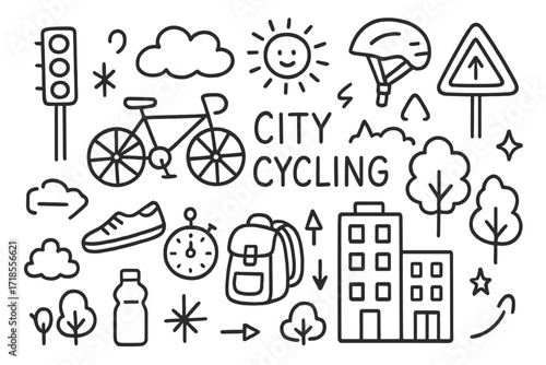 City Cycling Doodles. Hand-drawn doodle illustration City cycling bicycle, building, traffic light, road sign, helmet, backpack, cloud, sun, arrow, sneakers,