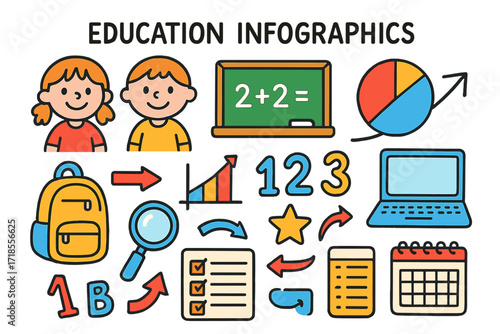 Educational Doodle Infographics. Education Infographics. Colorful Hand-drawn doodle Children illustration book, chalkboard, pie chart, arrows, line graph,