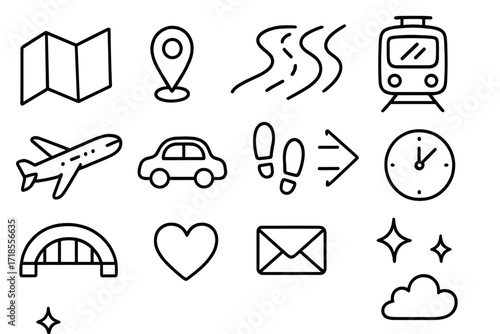 Doodle Journey Symbols. Hand-drawn doodle illustration Distance and connection [map, gps pin, road, train, airplane, car, footsteps, arrow, bridge, heart,