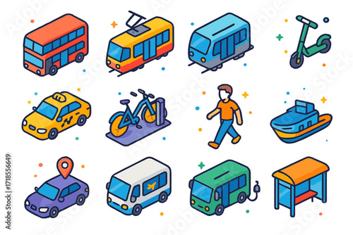 Urban Transport Icons. Colorful isometric vector icons set of Urban Transportation Modes: double-decker bus, street tram, metro train, rental scooter, city