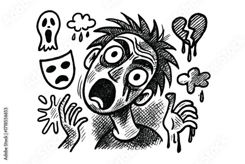 Emotive Expression Doodle. Hand-drawn doodle illustration expressive portraiture messy hair, bold line, tilted head, open eyes, scream icon, color splash,