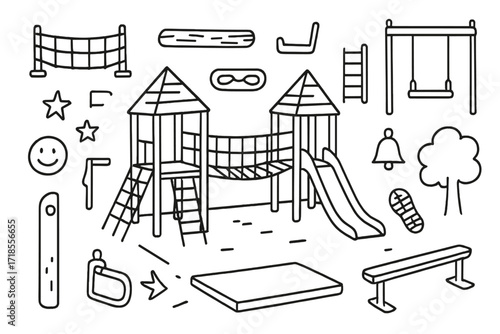 Playground Doodle Icons. Hand-drawn doodle illustration Playground climbing structure rope bridge, climbing net, wooden beam, ladder, slide, swing, grip