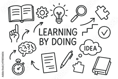 Learning Tools Doodle. Hand-drawn doodle illustration Learning by Doing notebook, gear, hand, lightbulb, magnifying glass, staircase, brain, puzzle piece,