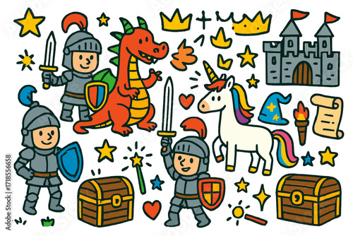 Fantasy Adventure Icons. A scene from a fantasy film with knights and mythical creatures. Colorful Hand-drawn doodle Children illustration knight, dragon,