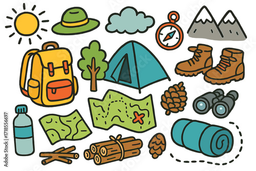 Children's Hiking Adventure. Colorful Hand-drawn doodle Children illustration Mountain Getaway backpack, tent, tree, mountain, sun, cloud, compass, hiking