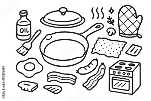Cooking Essentials Doodle. Hand-drawn doodle illustration [Cast iron skillet] [heavy skillet, pan handle, seasoning oil, brush, oven mitt, stove, egg, sausage,