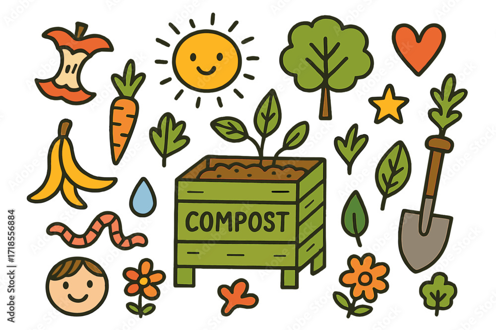Fototapeta premium Colorful Composting Doodle. Colorful Hand-drawn doodle Children illustration composting compost bin, food scraps, apple core, banana peel, carrot top, leaf,