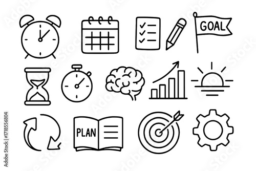 Time Management Doodles. Hand-drawn doodle illustration time management for goal achievement clock, calendar, checklist, pencil, goal flag,