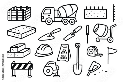 Concrete Construction Doodles. Hand-drawn doodle illustration [concrete structures] [mold form, concrete truck, foundation, rebar, slab, trowel, chisel, mixer,