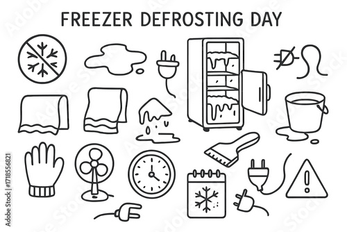 Defrosting Freezer Essentials. Hand-drawn doodle illustration [freezer defrosting day] [defrost icon, puddle, open freezer, unplug symbol, towel, melting ice,