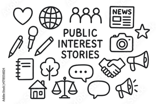 Public Interest Icons. Hand-drawn doodle illustration Public interest stories heart, globe, people icons, newspaper, camera, microphone, pen, notebook, house,