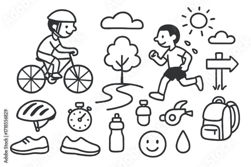 Park Fitness Doodle. Hand-drawn doodle illustration cycling and jogging in parks bicycle, helmet, shoe, stopwatch, water bottle, path, tree, bush, whistle,