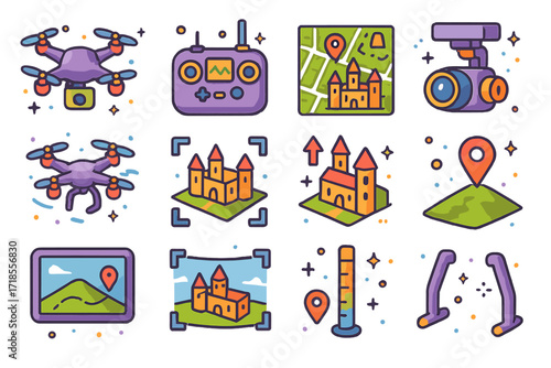 Drone Photography Icons. Colorful isometric vector icons set of drone photography at historic sites: drone quadcopter, remote controller, aerial view map,