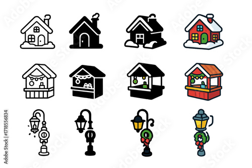 Winter Holiday Icons. Icon Set of Winter holiday scenery: snowy house, Christmas market stall, decorated street lamp. Icons set in vector style, emblematic