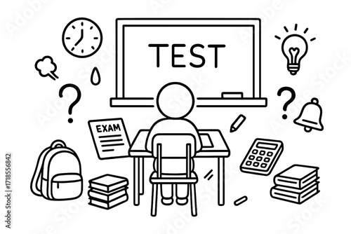 Classroom Exam Doodle. Hand-drawn doodle illustration classroom test day exam desk, chair, exam paper, clock, blackboard, chalk, pencil, student figure, light