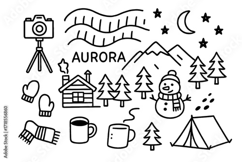 Aurora Photography Essentials. Hand-drawn doodle illustration Aurora photography camera, tripod, northern lights arcs, mountain outline, stars, moon, cabin,