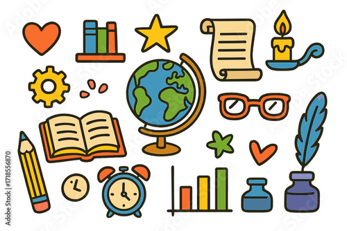 Educational Icons Collage. Research. Colorful Hand-drawn doodle Children illustration globe, open book, bookshelf, scroll, glasses, candle, star, heart, gear,
