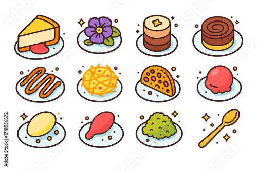 Fancy Dessert Icons. Colorful isometric vector icons set of Fancy plated desserts: plated cheesecake, edible flower garnish, layered mousse with gold leaf,