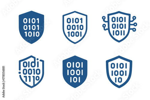 Cybersecurity Logo Variations. Cybersecurity. Set Logo of Cybersecurity: Binary code. harmonious logo variations of the same emblematic concept, each with