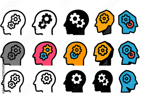 Cognitive Therapy Logos. Set Logo of Cognitive Therapy: Brain and gears. Logo set in vector style, emblematic variations. line, bold thick line, solid black