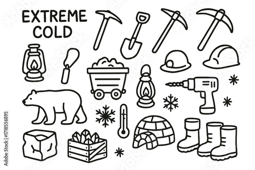 Extreme Cold Mining Icons. Hand-drawn doodle illustration Extreme cold mining, ice pick, snow shovel, pickaxe, hard hat, lantern, mining cart, drill, ice