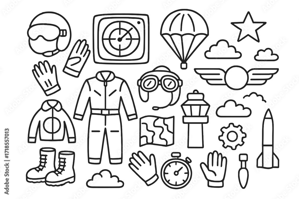 Fototapeta premium Pilot Gear Doodles. Hand-drawn doodle illustration Pilot gear pilot helmet, goggles, parachute, flight suit, boots, gloves, radar, wings, star, map, control