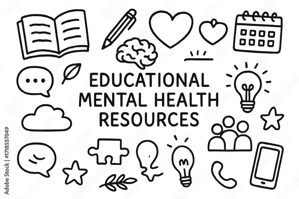 Fototapeta premium Educational Mental Health Doodles. Hand-drawn doodle illustration Educational mental health resources [open book, notebook, pen, brain, heart, calendar, clock,