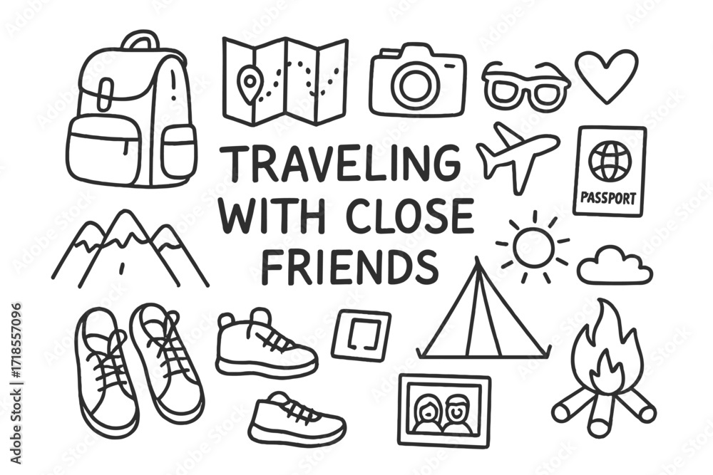 Fototapeta premium Travel Adventure Icons. Hand-drawn doodle illustration [traveling with close friends] [backpack, map, camera, sunglasses, passport, plane, heart, shoes,