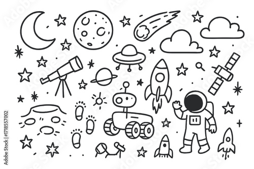 Celestial Doodle Night. Hand-drawn doodle illustration Moonlight night, crescent moon, full moon, stars, clouds, telescope, comet, planet, UFO, rocket,