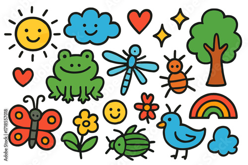 Colorful Doodle Wildlife. Colorful Hand-drawn doodle Children illustration Insects and Predators frog, dragonfly, spider, ant, butterfly, beetle, flower, tree,