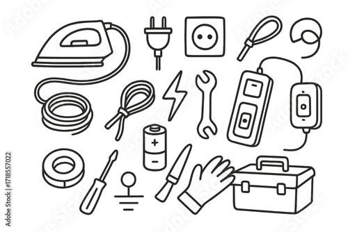 Iron Cord Tools. Hand-drawn doodle illustration [Electrical iron cord setup] [iron cord, plug, socket, wire coil, extension cord, cable tie, power switch,