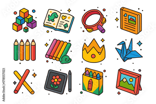 Creative Sibling Icons. Colorful isometric vector icons set of creative sibling time: building blocks, sticker book, musical tambourine, story journal, pencil