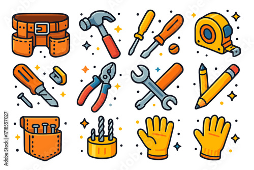 Tool Belt Icons. Colorful isometric vector icons set of tool belt with tools: leather tool belt, hammer, screwdriver, tape measure, utility knife, pliers,