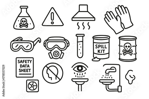 Chemical Safety Icons. Hand-drawn doodle illustration chemical safety in production chemical bottle, warning label, hazard symbol, fume hood, gloves, safety