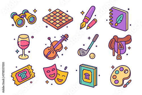 Bourgeois Leisure Icons. Colorful isometric vector icons set of Bourgeois leisure activities: opera glasses, chess board, fountain pen, sketchbook, wine glass,