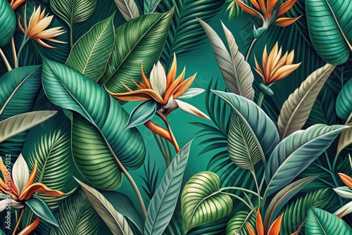 Lush Tropical Foliage and Exotic Bird of Paradise Blooms in a Vibrant Green Seamless Pattern Design