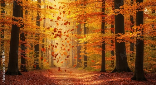 Autumnal forest path with falling leaves, vibrant colors, and sunlight filtering through the trees.
