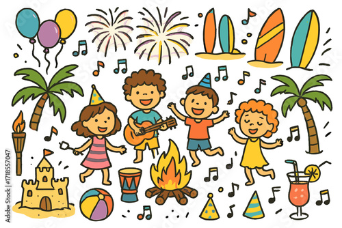 Beach Bonfire Celebration. Colorful Hand-drawn doodle Children illustration Friends beach party at sunset bonfire, guitar, marshmallows on stick, beach ball,