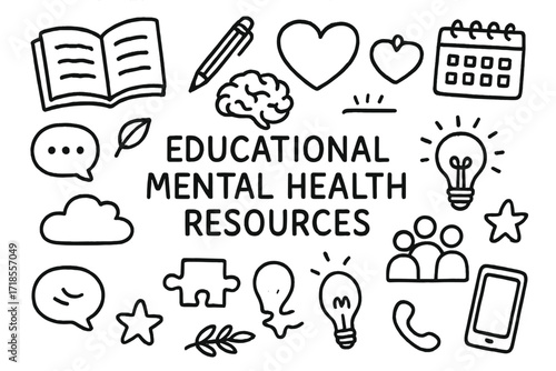 Educational Mental Health Doodles. Hand-drawn doodle illustration Educational mental health resources [open book, notebook, pen, brain, heart, calendar, clock,