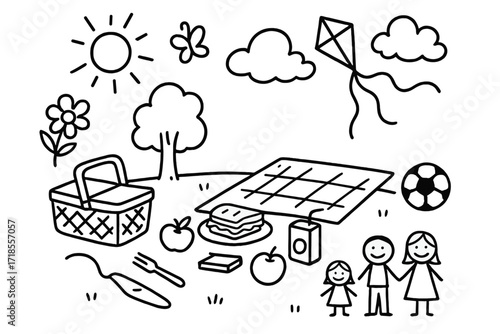 Playful Picnic Doodle. Hand-drawn doodle illustration Picnic setup in the park [picnic basket, blanket, plate, fork, sandwich, apple, juice box, sun, flower,