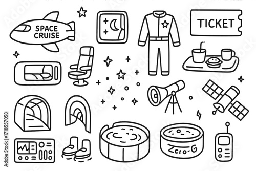 Space Cruise Adventure. Hand-drawn doodle illustration Space Cruise spaceship, window seat, ticket, capsule bed, crew uniform, floating tray, galactic map,