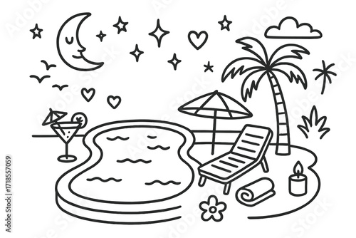 Romantic Infinity Pool Evening. Hand-drawn doodle illustration Romantic infinity pool evening [infinity pool, moon, star, sparkle, heart, cocktail glass,