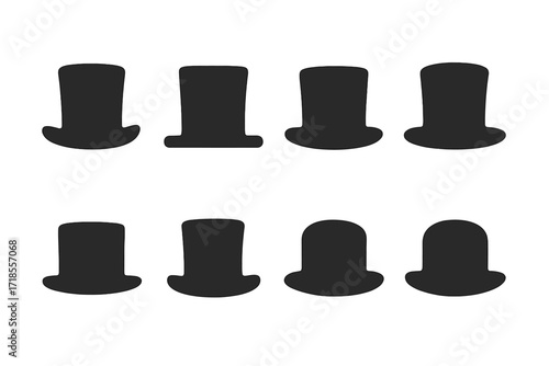 Top Hat Icon Set. Solid, filled icon set of top hat styles: curved brim, flat brim, narrow brim, wide brim, tall crown, short crown, tapered crown, rounded