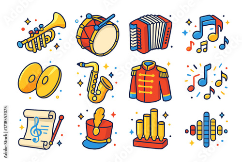 Circus Musical Icons. Colorful isometric vector icons set of circus musical elements: marching trumpet, bass drum, tambourine, accordion, cymbals, saxophone,