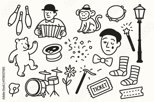 Street Performer Icons. Hand-drawn doodle illustration street performers juggling pins, accordion, monkey with hat, tambourine, dancing bear, hat with coins,