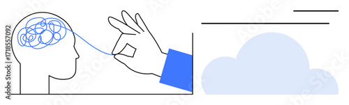 Hand untangling a chaotic mind with a thread, symbolizing problem-solving and mental clarity. Ideal for mindfulness, therapy, growth, learning, stress management, creativity mental health. Simple