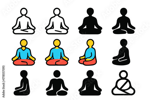 Meditation Logo Variations. Set Logo of Deep Sigh: Meditation pose silhouette. Logo set in vector style, emblematic variations. line, bold thick line, solid
