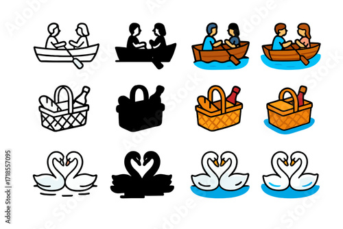 Lakeside Love Icons. Icon Set of Lakeside Love: Couple rowing boat, Picnic basket, Swan pair. Icons set in vector style, emblematic variations. Couple rowing