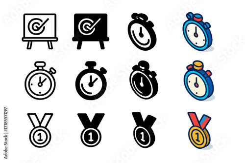 Elliptical Machine Icon Set. Icon Set of Elliptical Machine Motivation: Fitness goal board, Stopwatch, Medal. Icons set in vector style, emblematic variations.